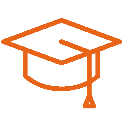 Icon of a graduation cap with tassle. Outline color of icon is orange