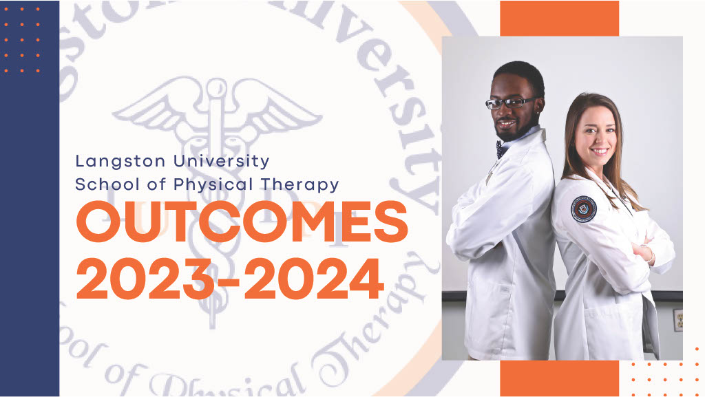 Image of two Physical Therapy students standing back to back (male and female students) with the words Langston University School of Physical Therapy Outcomes 2023-2024