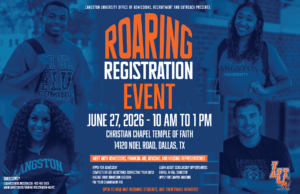 Roaring Registration poster with date, time and location and photos of LU students