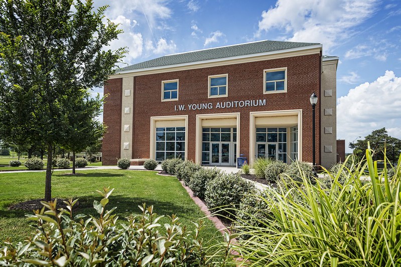 Exterior photo facing the front entrance of I.W. Young Auditorium.