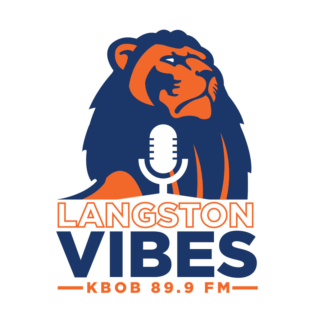 Langston University lion with a radio mic in front and the words Langston Vibes KBOB 89.9 FM