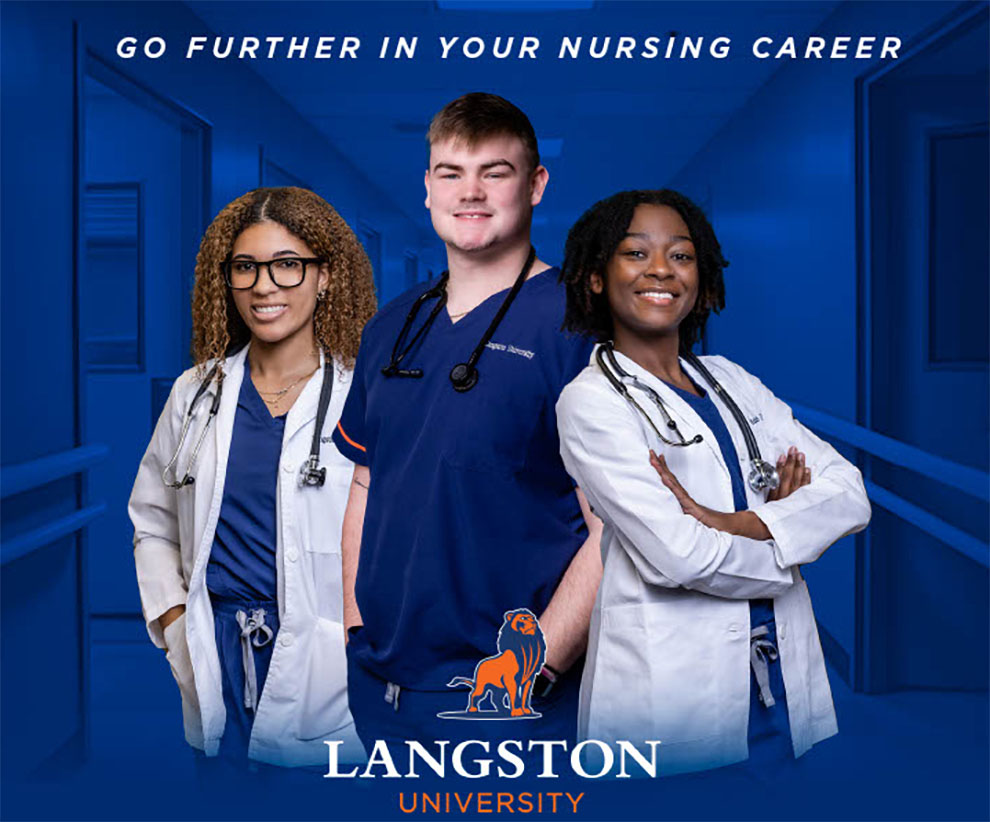 Photo of three nursing students smiling with a hospital background that is tinted blue