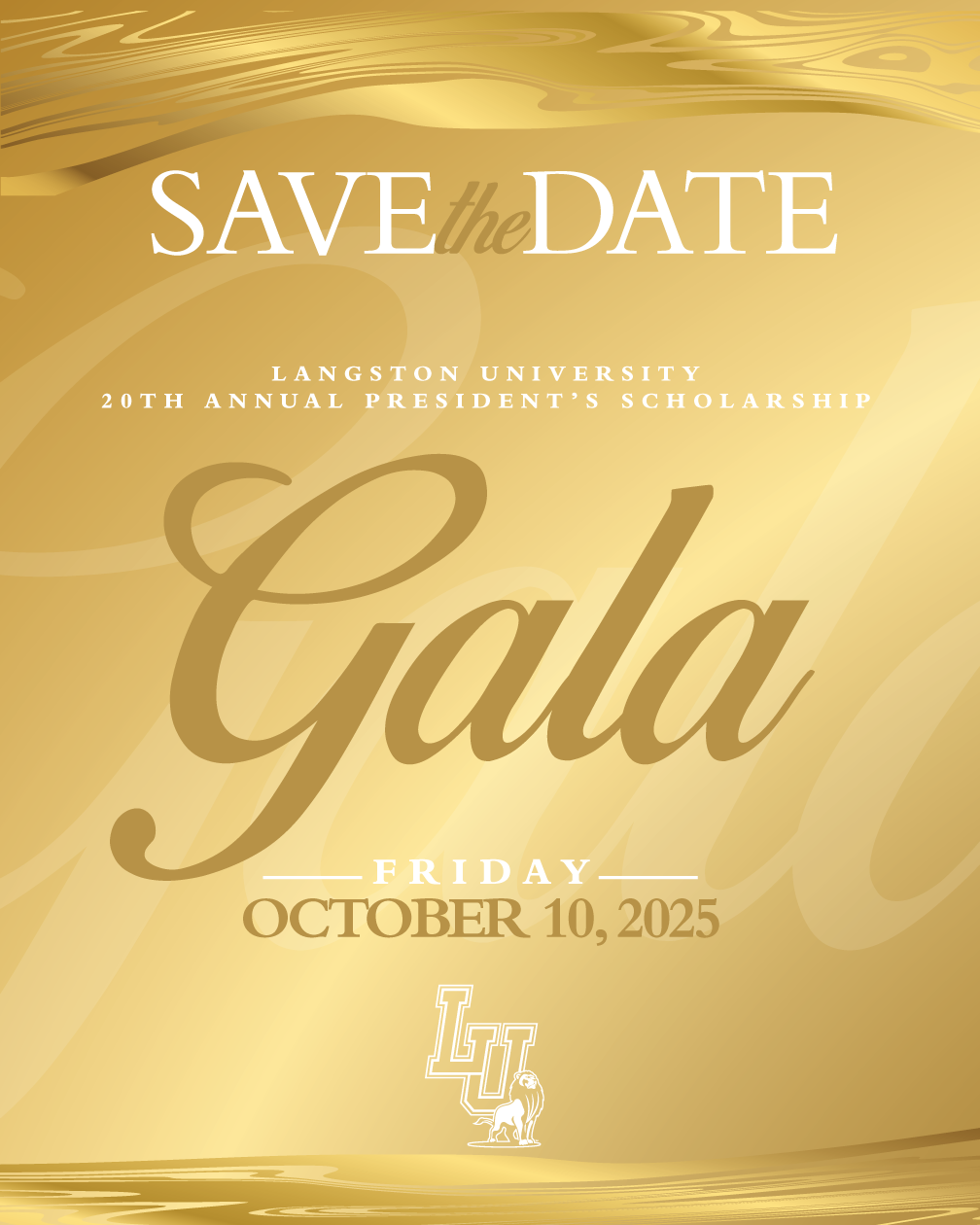 Gold background with the words SAVE THE DATE and 20th Annual President's Scholarship Gala, October 10, 2025