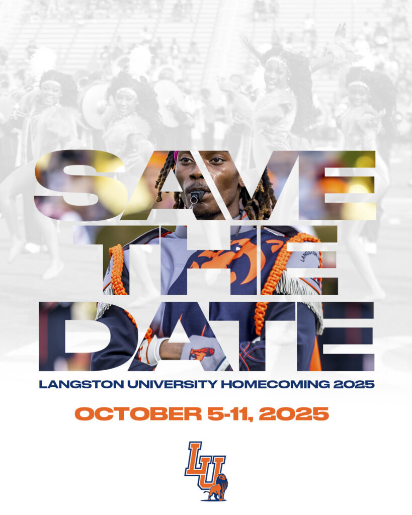 SAVE THE DATE letters that have a full color image of a Marching Pride photo within the letters. Background is a black and white photo of the crowd at homecoming game.