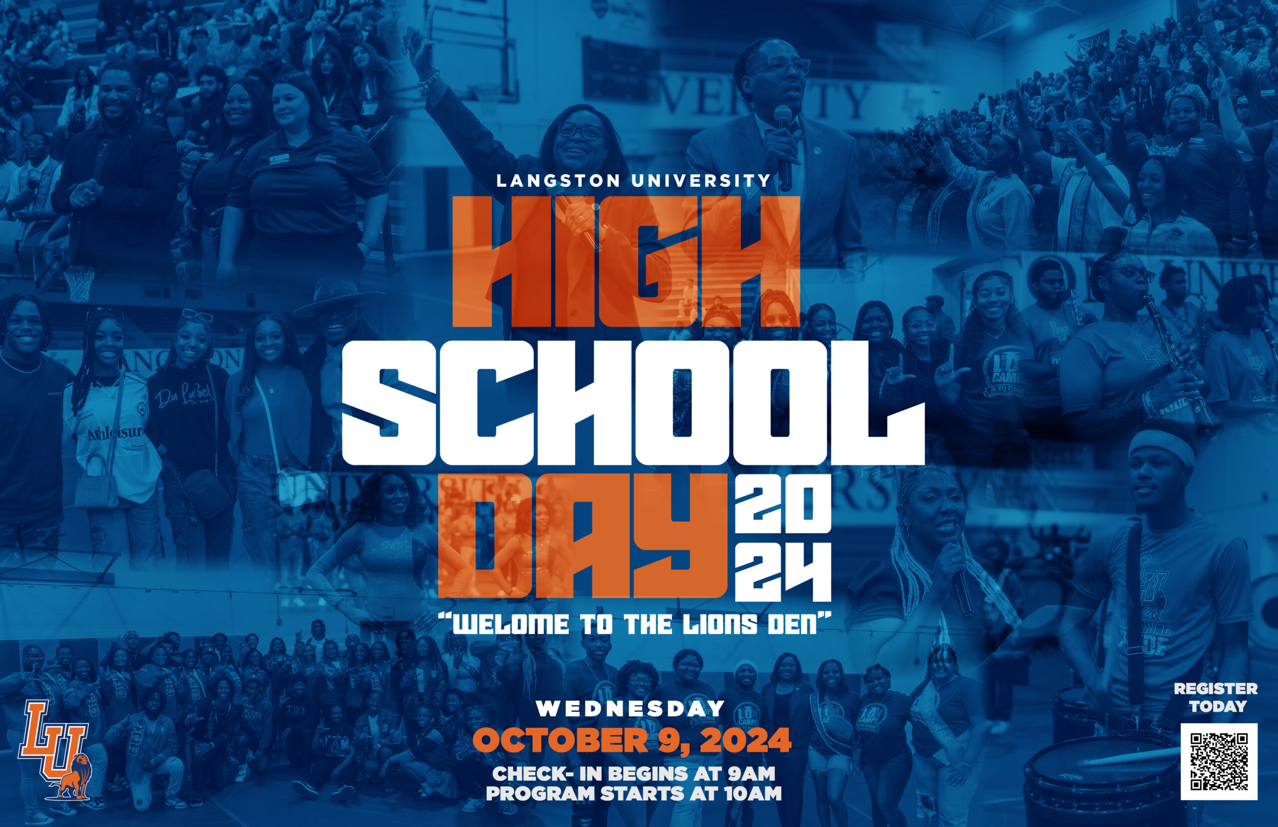 Images in blue sepia of LU community with the words High School Day 2024