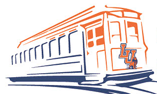 Drawing of a trolley in LU colors blue and orange with the LU logo in front of trolley