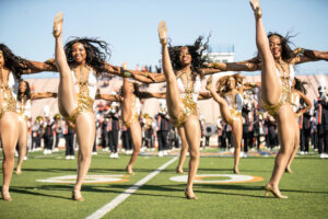 Golden Feline Dancers perform a high kick