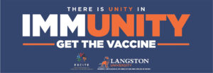 There Is Unity in Immunity billboard with blue background and white and orange letters with Excite and LU-SL/SAAS logos