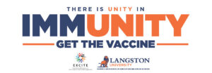 There Is Unity in Immunity billboard with white background and blue and orange letters with Excite and LU-SL/SAAS logos