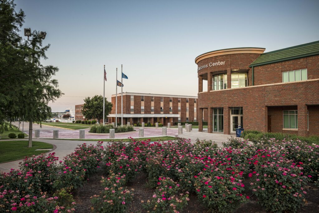 Flowers framing the Student Union at Langston University
