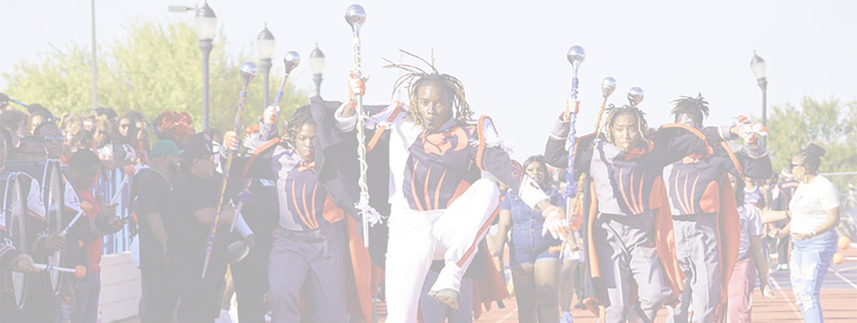 LU Marching Pride Band strolling at homecoming on field. Photo is cropped and lightened.