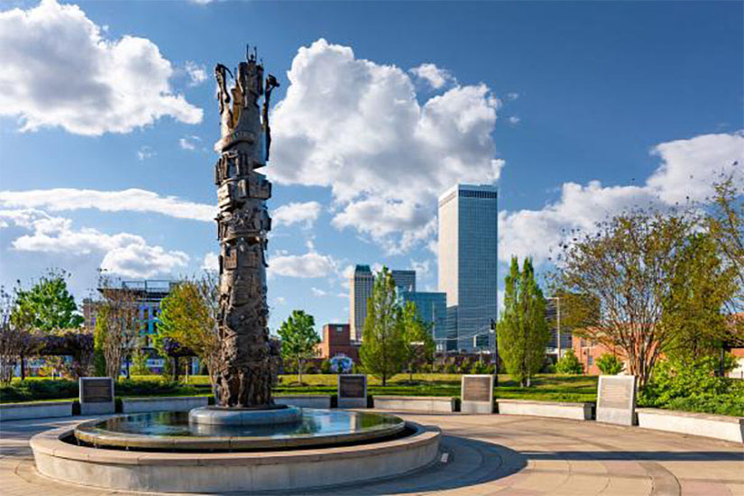Image of a memorial to the 1921 Tulsa Massacre in the Greenwood District
