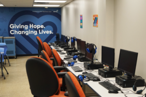 A row of computers inside the Tulsa Dream Center's STEM center