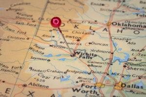 a map of Texas with a pin over Wichita Falls