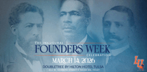 Graphic depicting three LU founders with the words and details for the event.