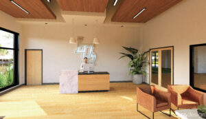Digital mockup of Langston University Physical Therapy Clinic interior. Features the lobby area.