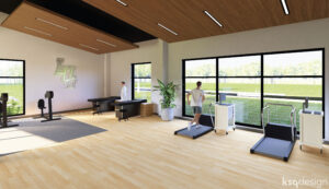 Digital mockup of Langston University Physical Therapy Clinic interior. Features a wooden floor with treadmills against a glass wall.