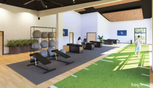 Digital mockup of Langston University Physical Therapy Clinic interior. Features a turf-grass area with free weights.