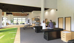 Digital mockup of Langston University Physical Therapy Clinic interior. Features a patient sitting on tables with a clinician.
