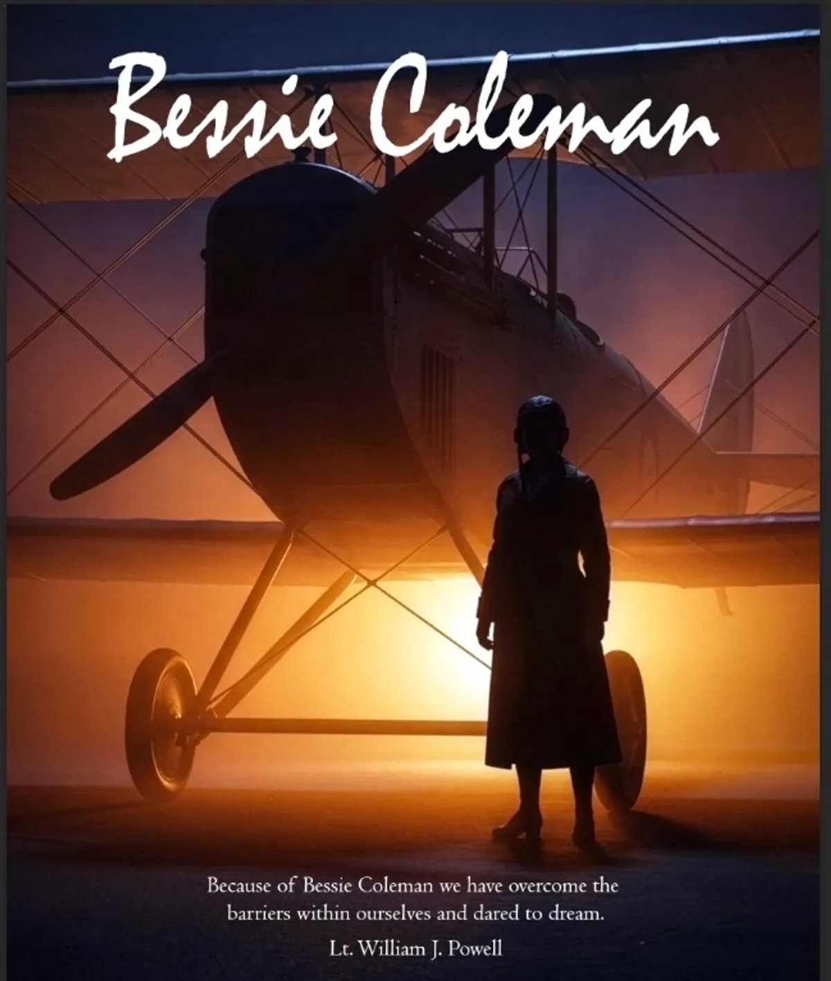 Rendered image of Bessie Coleman standing in front and to the right of her plane. She is wearing an aviator cap with the light shining from behind at dusk or daybreak