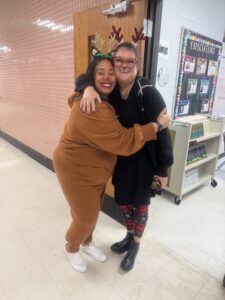 danielle jones and a fellow teacher during a Christmas themed dress down day