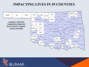 Map of Oklahoma counties. Blue counties are served by Langston University Cooperative Extension and Outreach