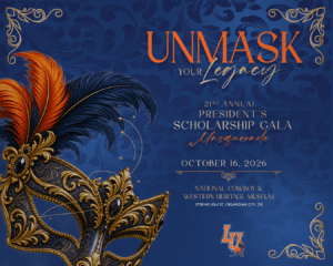 A gold masquerade mask with LU blue and orange feathers and the details for the 2026 President's Scholarship Gala