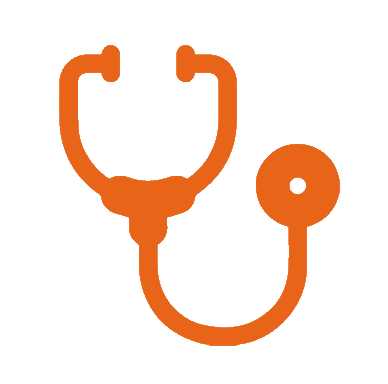 Icon image of a stethoscope. Color of icon is orange.